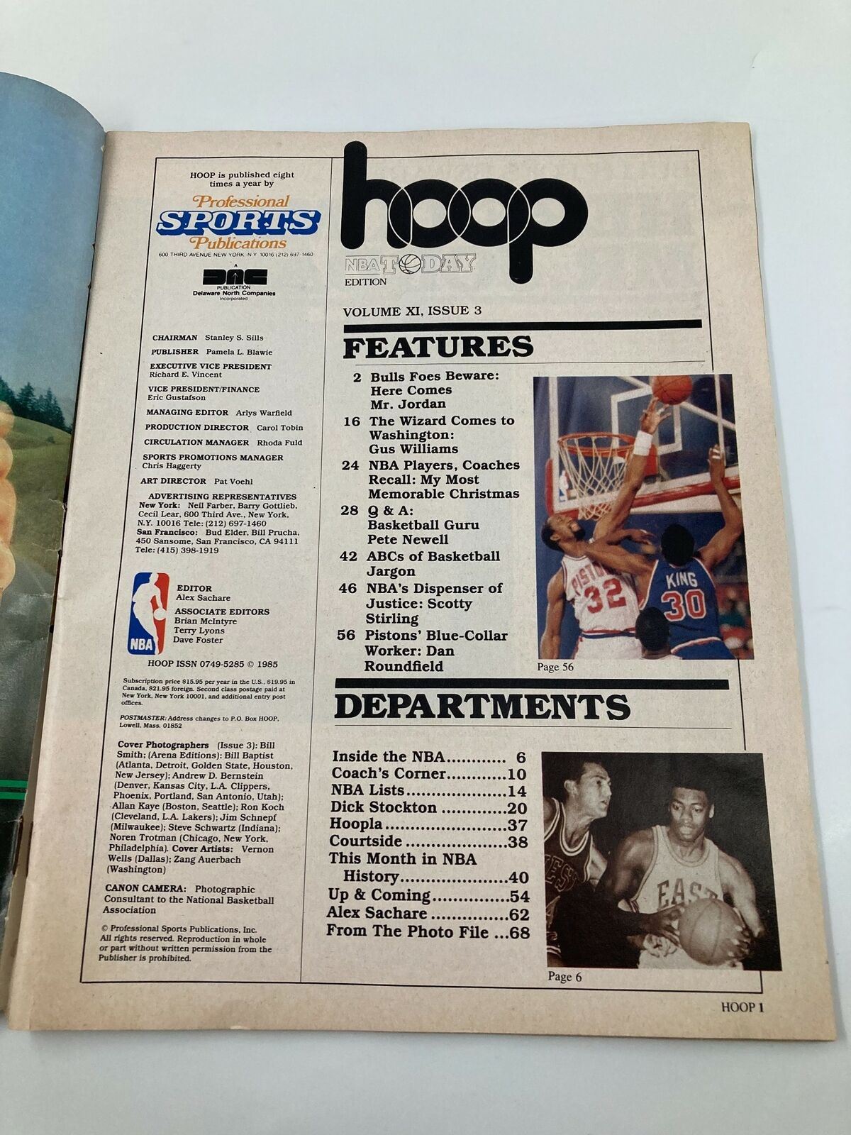 Inside cover page of the VTG Hoop NBA Magazine January 1985 featuring notable articles and features including a highlight on Michael Jordan and sections like 'Inside the NBA', 'Coach's Corner', and 'NBA Lists'. This collectible magazine is a must-have for fans and collectors of basketball history.
