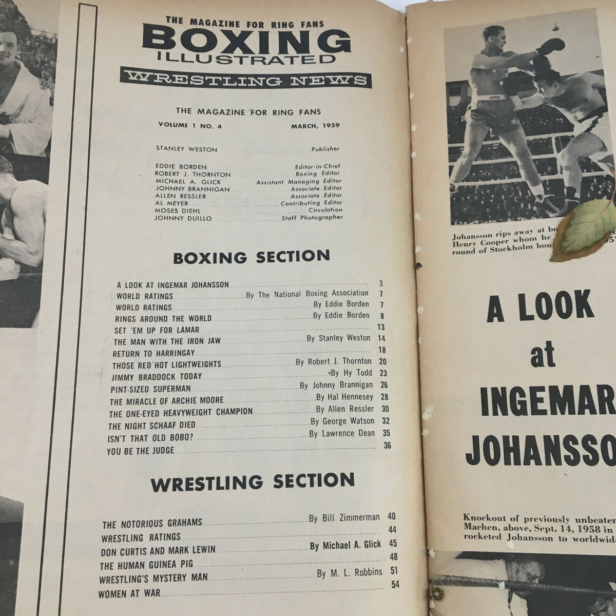 Interior page of Boxing Illustrated Magazine March 1959 presenting the table of contents alongside articles related to boxing and wrestling.