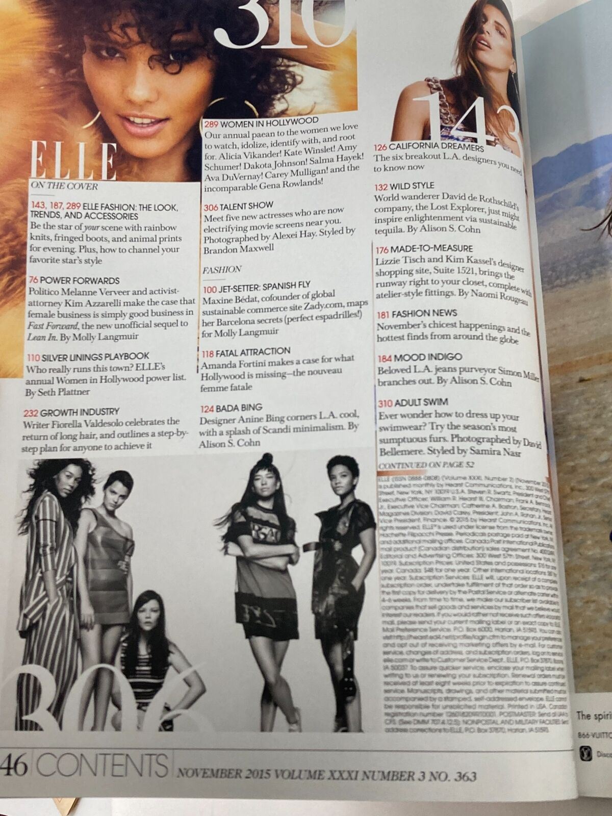 Elle Magazine November 2015 Volume 31 Issue #363 contents page featuring articles on women in Hollywood including a cover story on Salma Hayek.