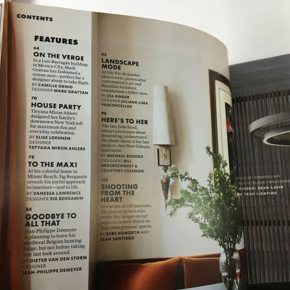 Contents page from Elle Decor Magazine April 2021 featuring design articles and highlights, including contributions from designer Mark Grattan, known as 'Design's New King of Cool'.
