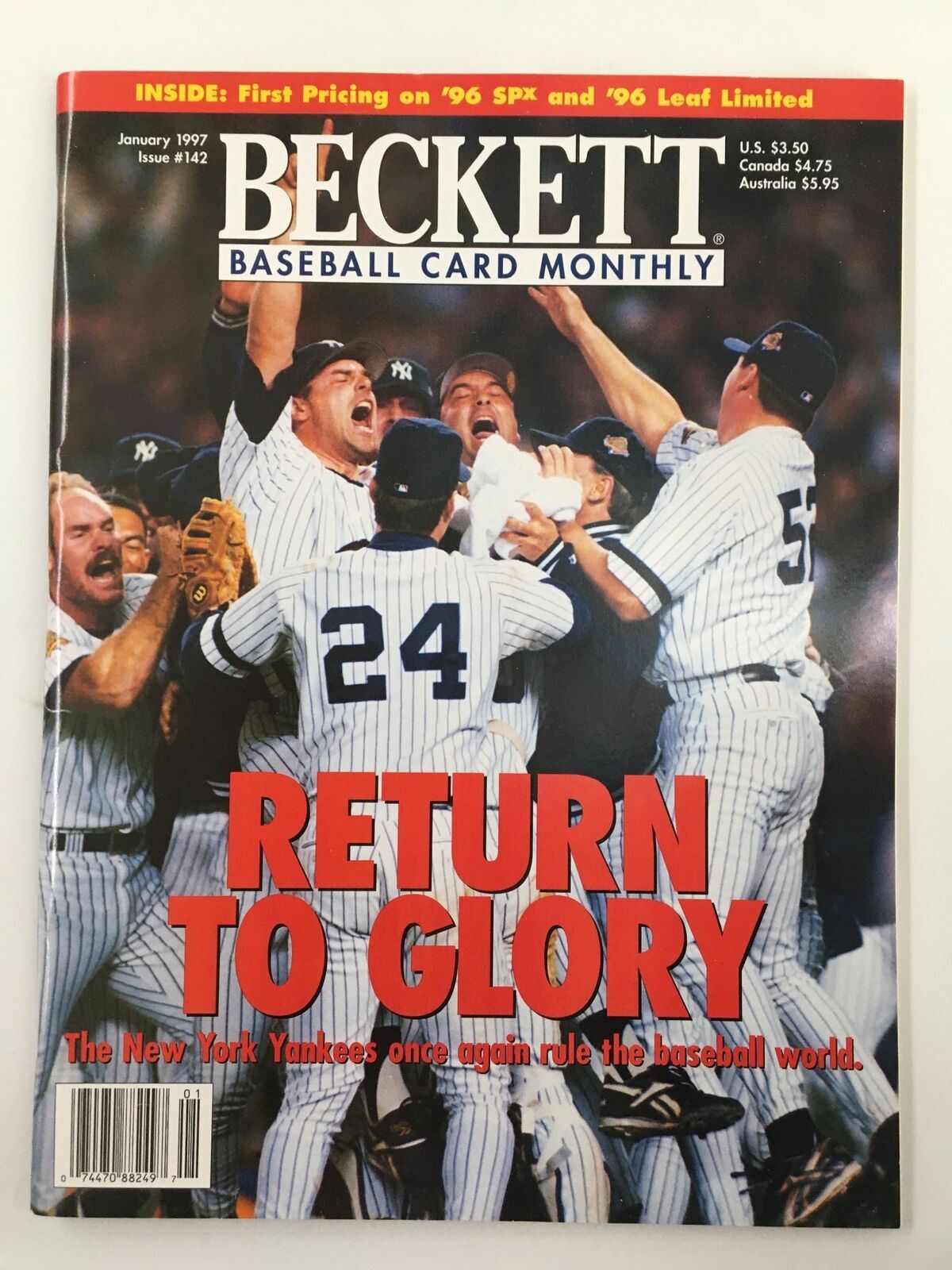 Cover of Beckett Baseball Card Monthly January 1997 Issue #142 featuring the title 'Return to Glory' with a celebration scene of New York Yankees players.