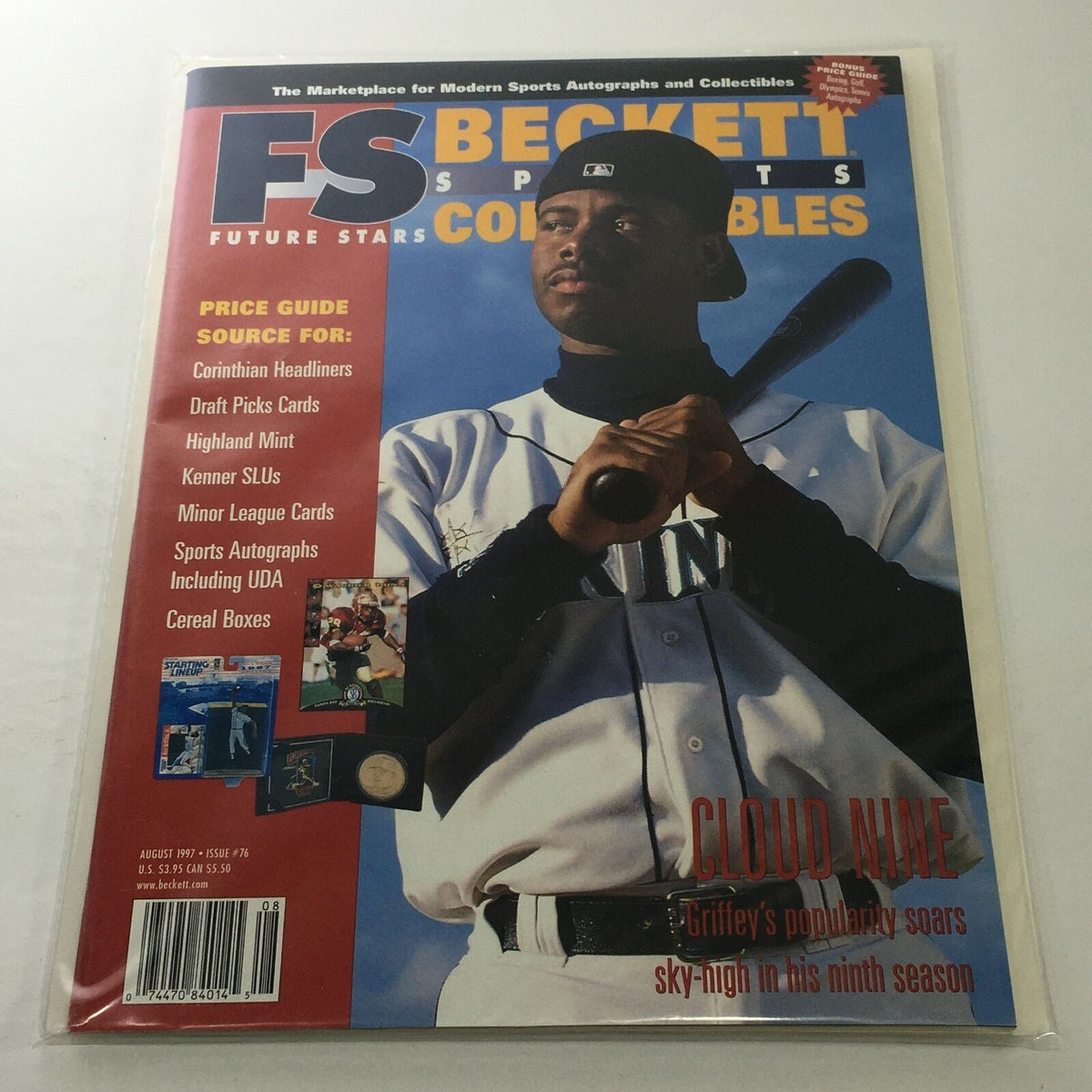 Beckett Future Stars August 1997 Issue #76 featuring Cloud Nine Griffey's Popularity with a detailed cover showcasing a player holding a bat.
