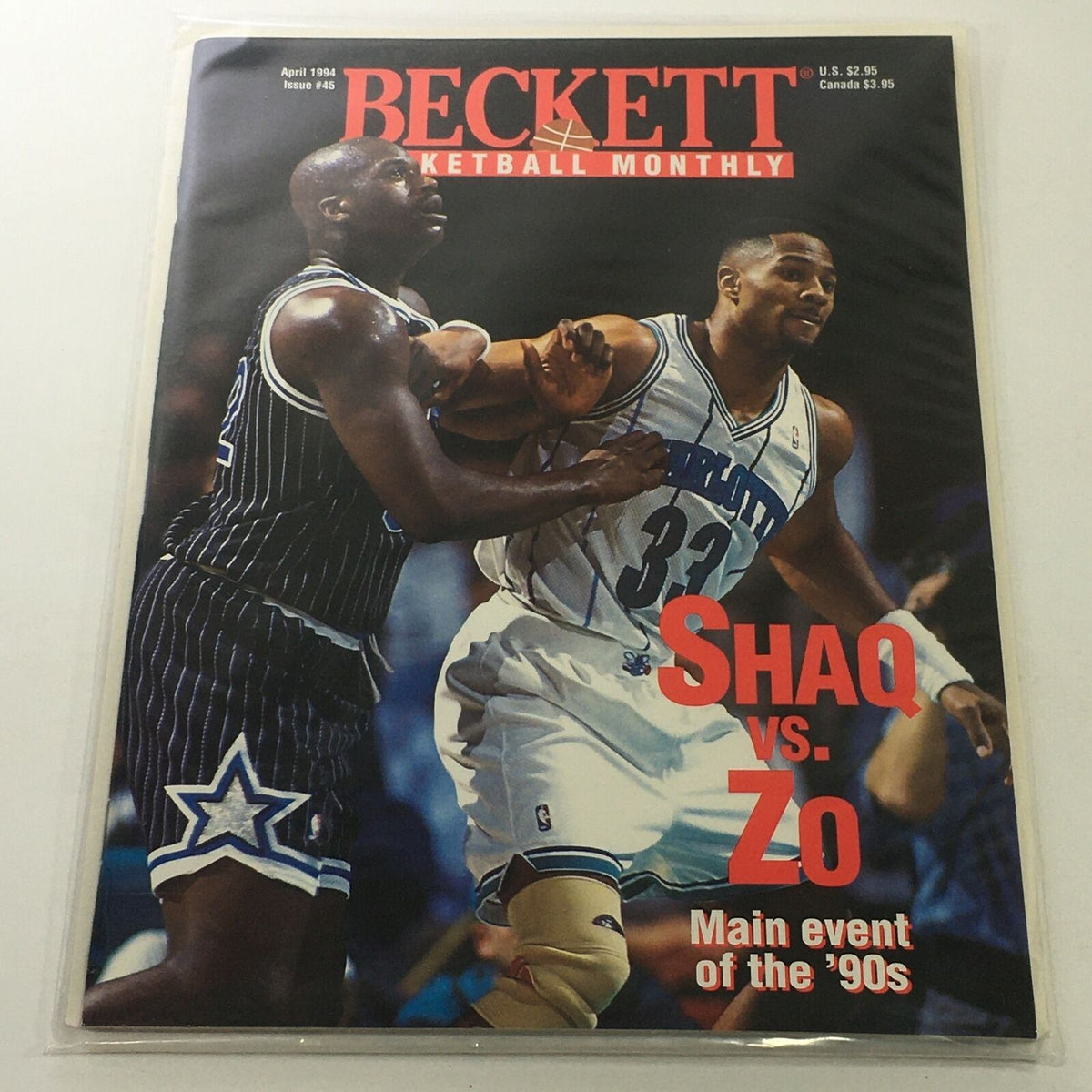 Beckett Basketball Monthly April 1994 Issue #45 featuring Shaq vs Zo, showcasing the main event of the '90s with vibrant cover art.