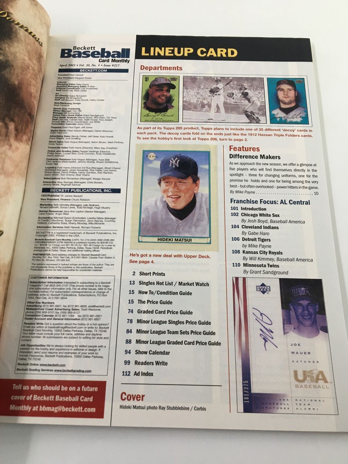 Inside page of Beckett Baseball Card Monthly April 2003 #217 featuring lineup card with photo of Hideki Matsui and a list of baseball departments.