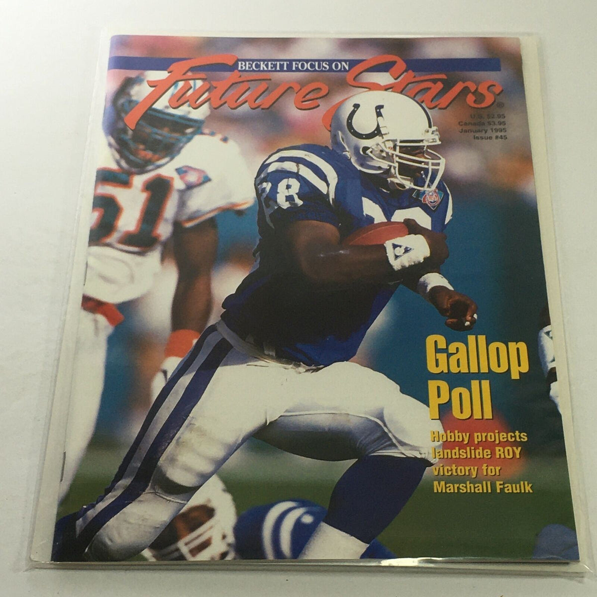 Cover of Beckett Future Stars: January 1995 Issue #45 featuring Marshall Faulk in action, showcasing memorabilia for sports card collectors.