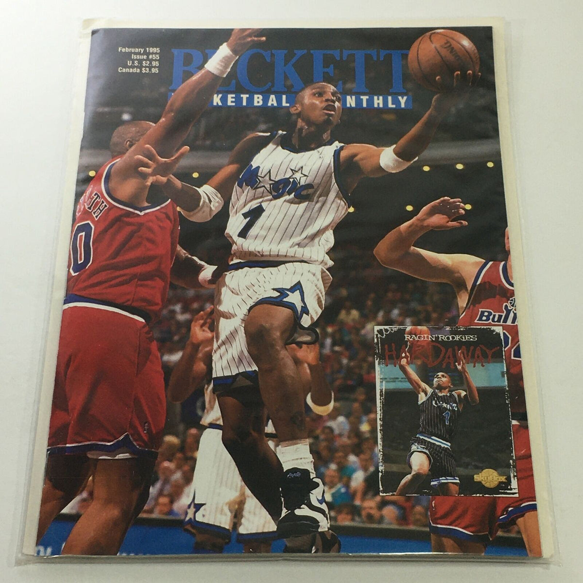 Beckett Basketball Monthly: February 1995 Issue #55 - Ragin' Rookies, featuring a dynamic action shot of a basketball player in motion during a game, highlighting the excitement of basketball with vivid colors and a professional sports atmosphere.