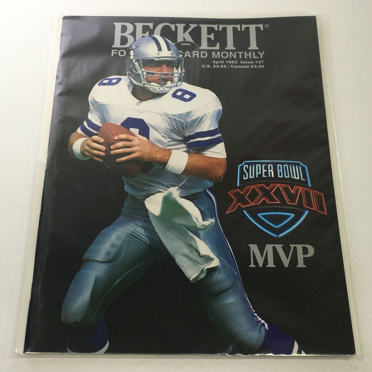 Beckett Football Card Monthly: April 1993 Issue #37 featuring MVP Super Bowl player Troy Aikman, showcasing a dynamic image of Aikman in a football uniform.