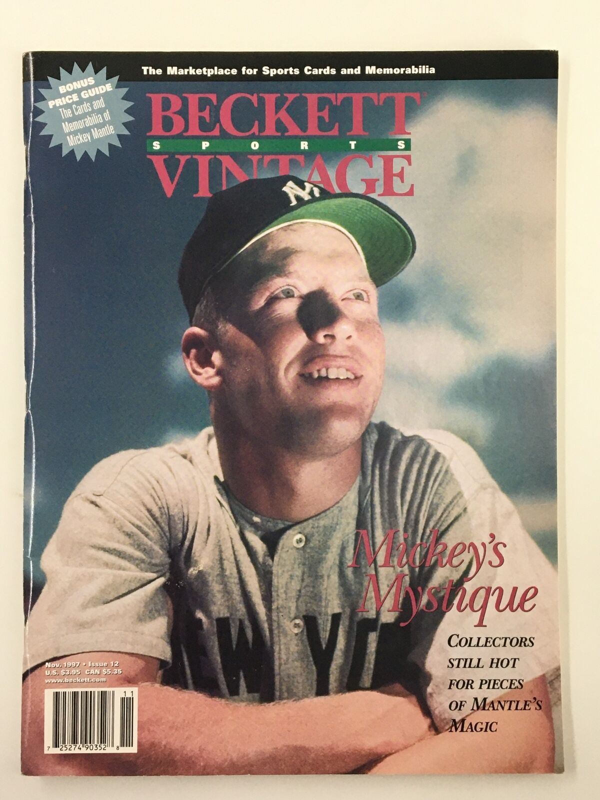 Beckett Sports Vintage November 1997 #12 Mickey Mantle No Label VG - cover featuring a young man in a New York Yankees cap, showcasing the magazine's vintage style with a focus on Mickey Mantle.
