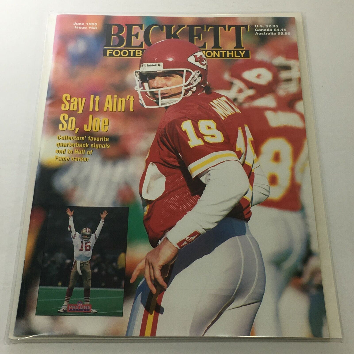 Beckett Football Card Monthly: June 1995 Issue #63 - Say It Ain't So, Joe. Cover featuring a football player in red jersey, showcasing magazine details for collectors.