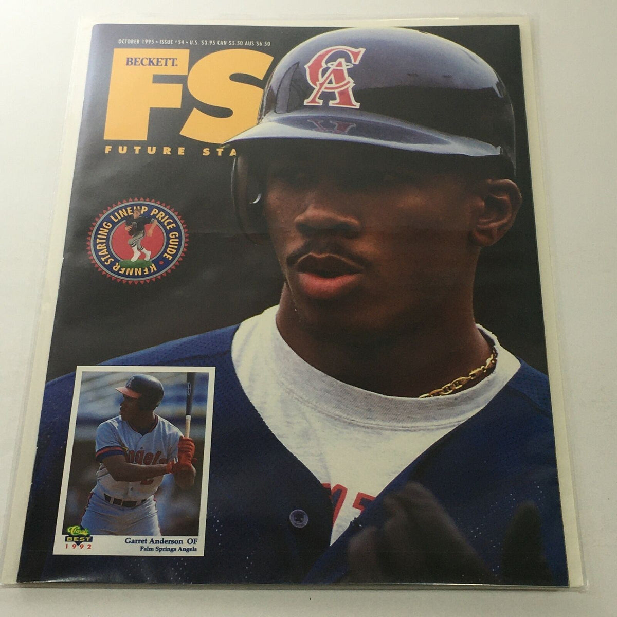 Beckett Future Stars: October 1995 Issue #54 featuring Garret Anderson of Palm Springs, showcasing the cover design with a portrait of the player in a black uniform and protective helmet.