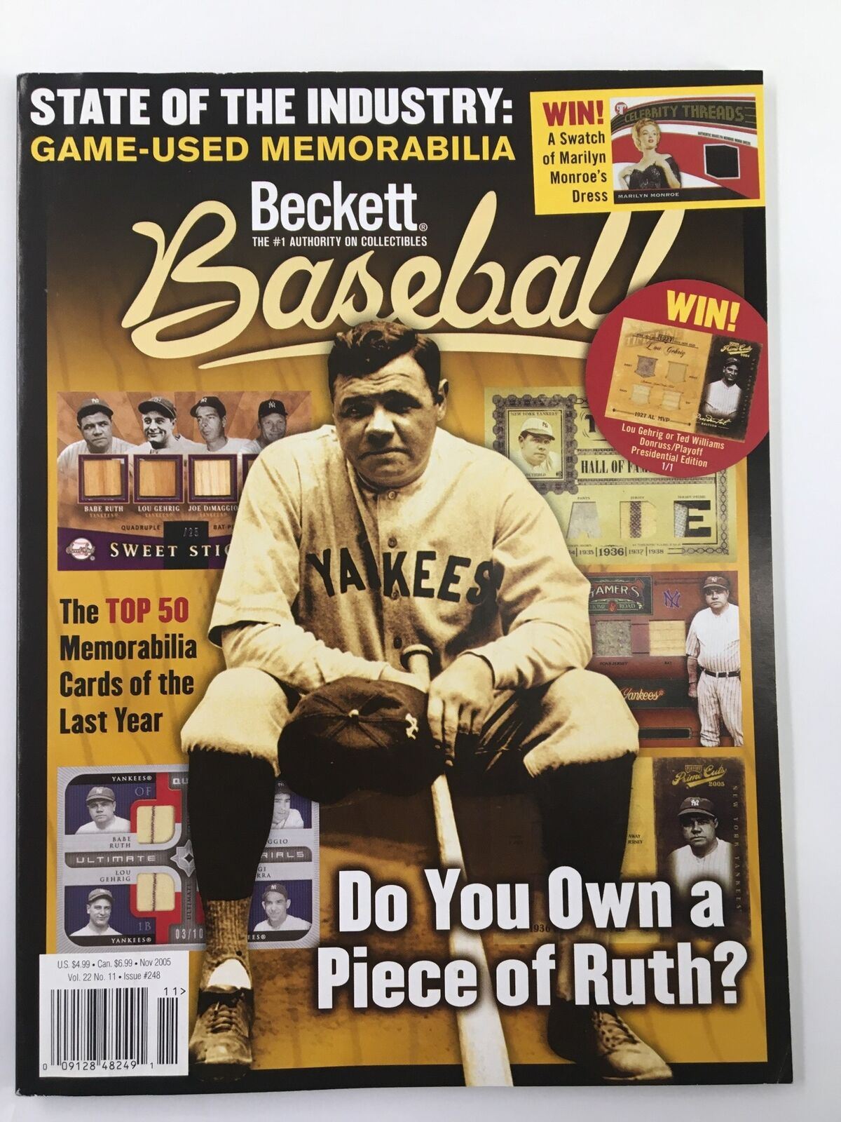Beckett Baseball Card Monthly November 2005 #248 Babe Ruth magazine cover featuring Babe Ruth in Yankees uniform, asking 'Do You Own a Piece of Ruth?' and highlighting memorabilia and collectibles.
