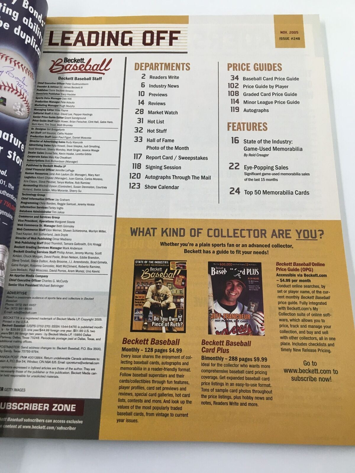 Beckett Baseball Card Monthly November 2005 #248 Babe Ruth contents page showing departments, features, and guide on baseball cards and memorabilia.