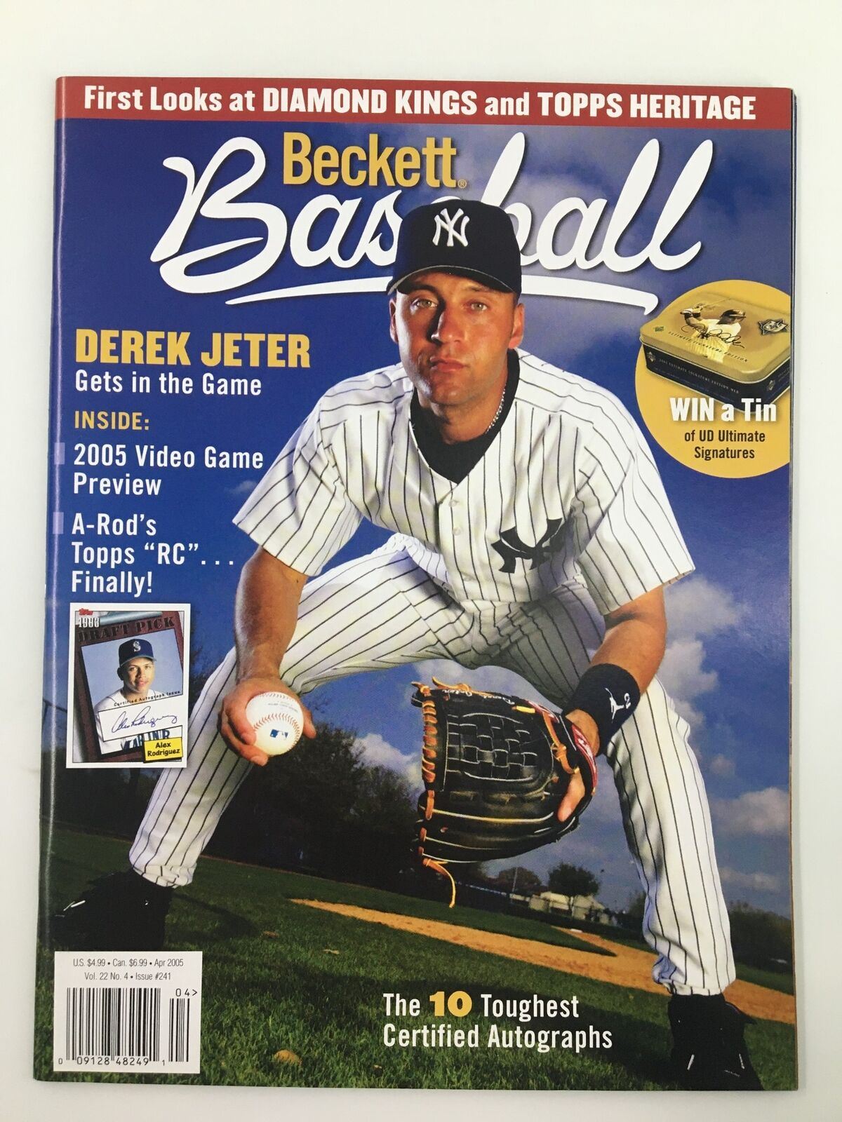 Beckett Baseball Magazine April 2005 featuring Derek Jeter on the cover, showcasing him in a New York Yankees uniform, highlighting his contributions to the sport.