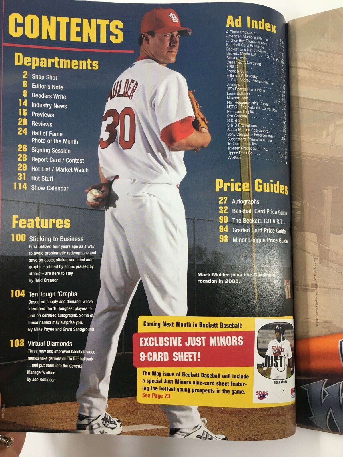 Inside page of Beckett Baseball Magazine April 2005, displaying contents and feature articles including Mark Mulder and upcoming magazine highlights.