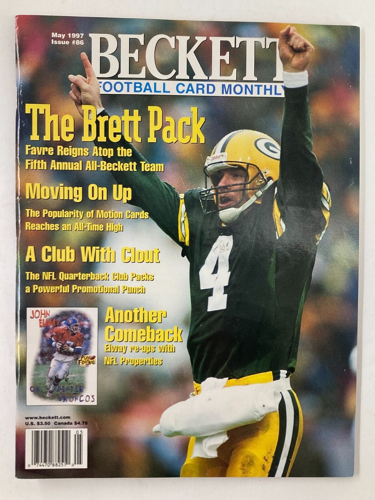 Beckett Football Card Monthly May 1997, Volume 9 Issue 5 featuring Brett Favre on the cover, showcasing a classic football moment.