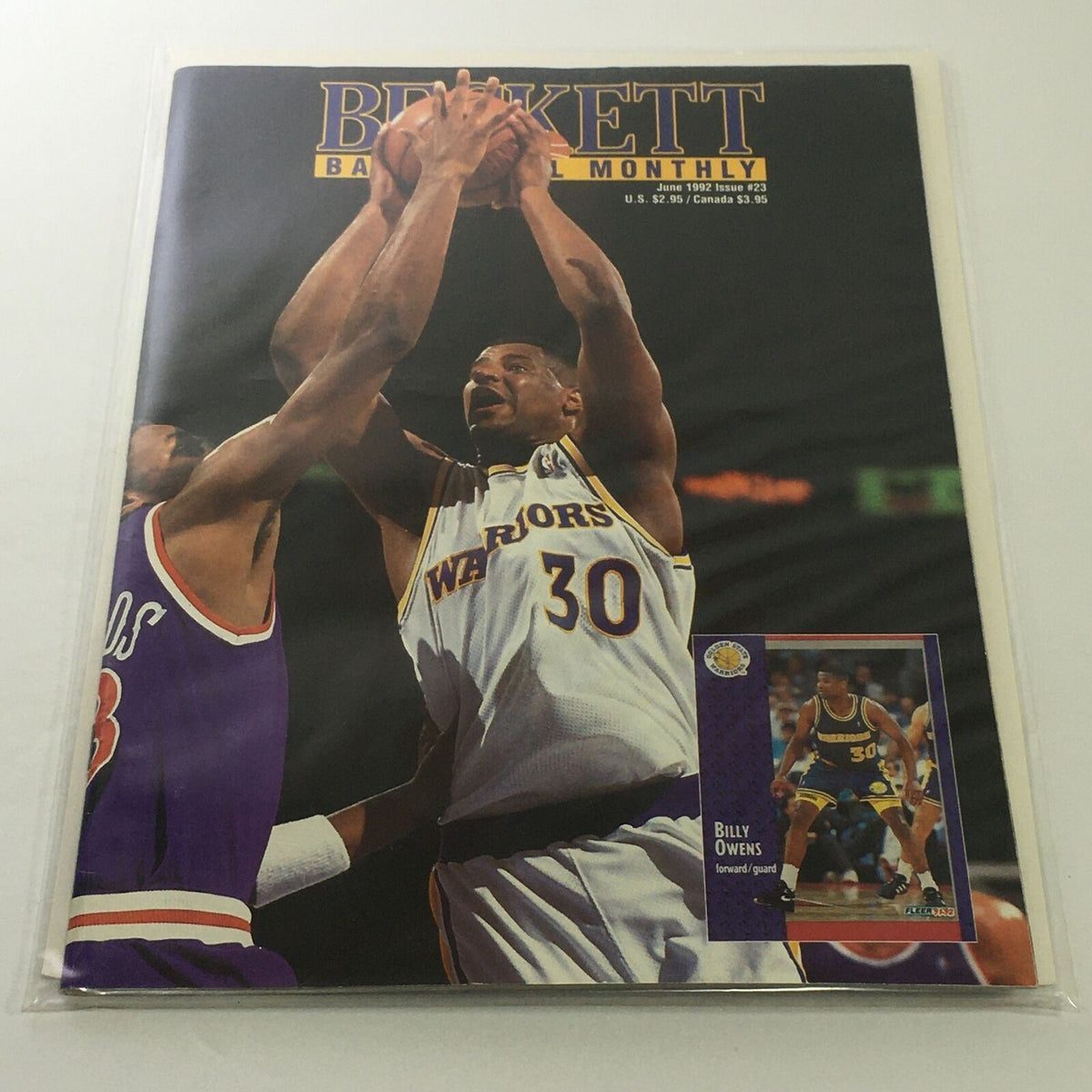 Beckett Basketball Monthly June 1992 Issue #23 featuring Warriors player Billy Owens, showcasing a vibrant magazine cover with action shots of basketball players