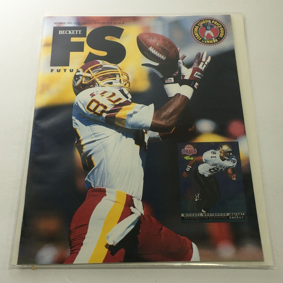 Cover of Beckett Future Stars: November 1995 Issue #55E featuring Michael Westbrook in action. The magazine highlights the football player in uniform, showcasing a dynamic pose as he catches a football, with promotional elements indicating its collectible nature.