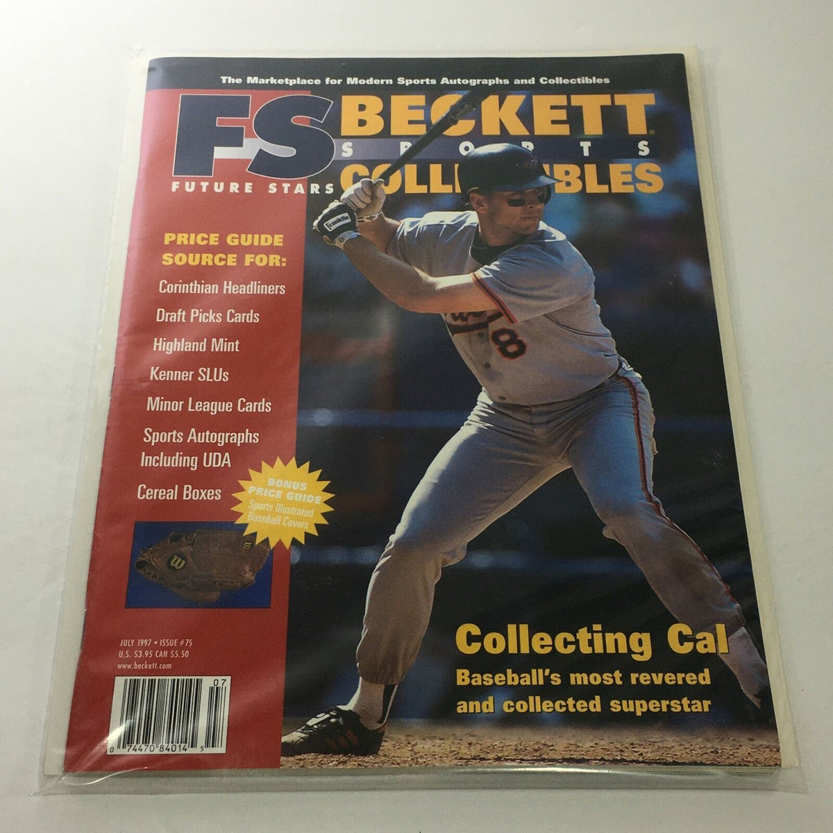 Cover of Beckett Future Stars: July 1997 showcasing a baseball player in action, celebrating Cal Baseball's superstar, highlighting collectible sports memorabilia.