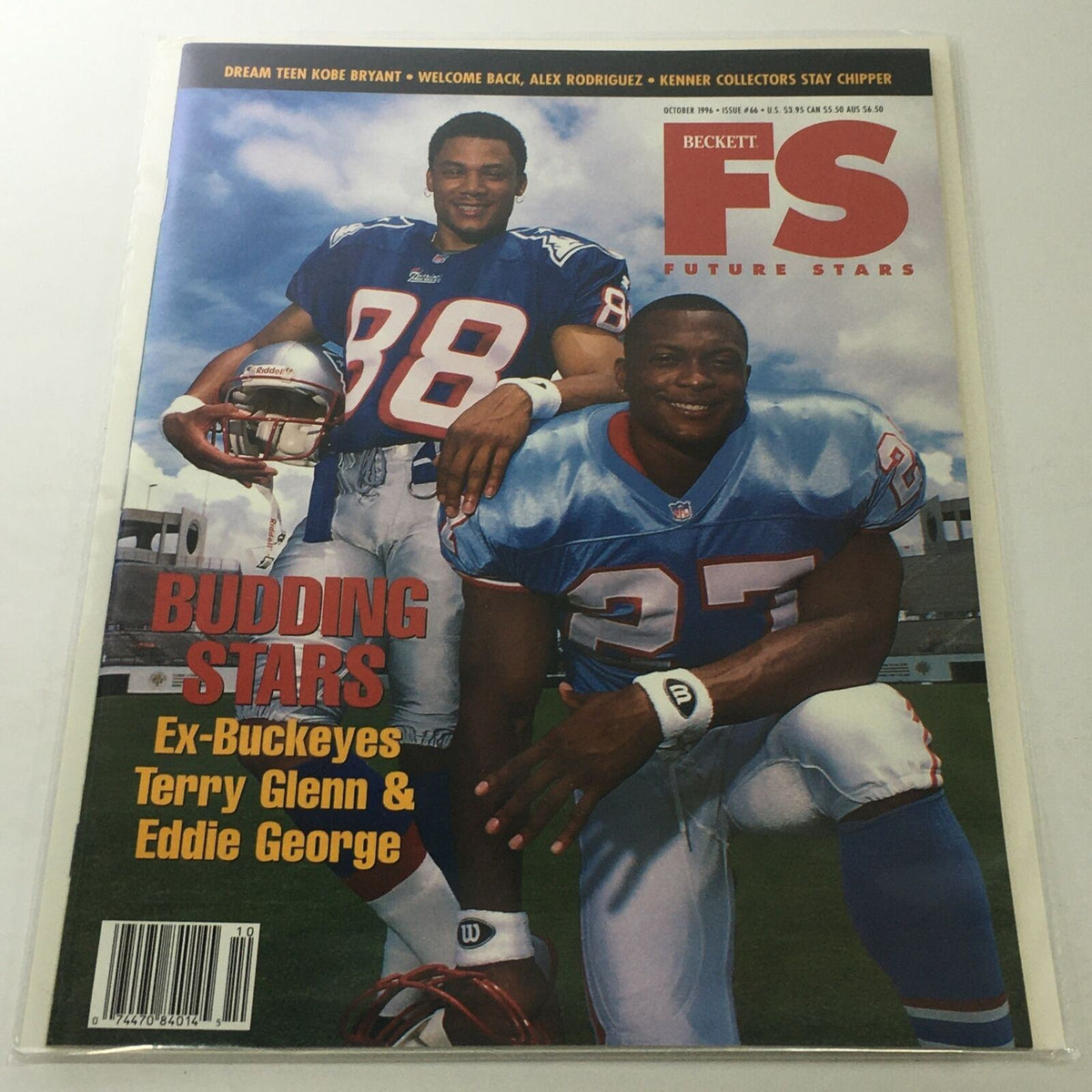 Beckett Future Stars: October 1996 Issue #66 featuring Terry Glenn and Eddie George, showcasing budding stars of the NFL with their jerseys and helmets.