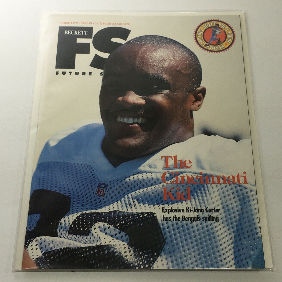 Beckett Future Stars September 1995 Issue #S3E featuring Ki-Jana Carter, the Cincinnati Kid, smiling and showcasing his football gear, highlighting the excitement around the Bengals.
