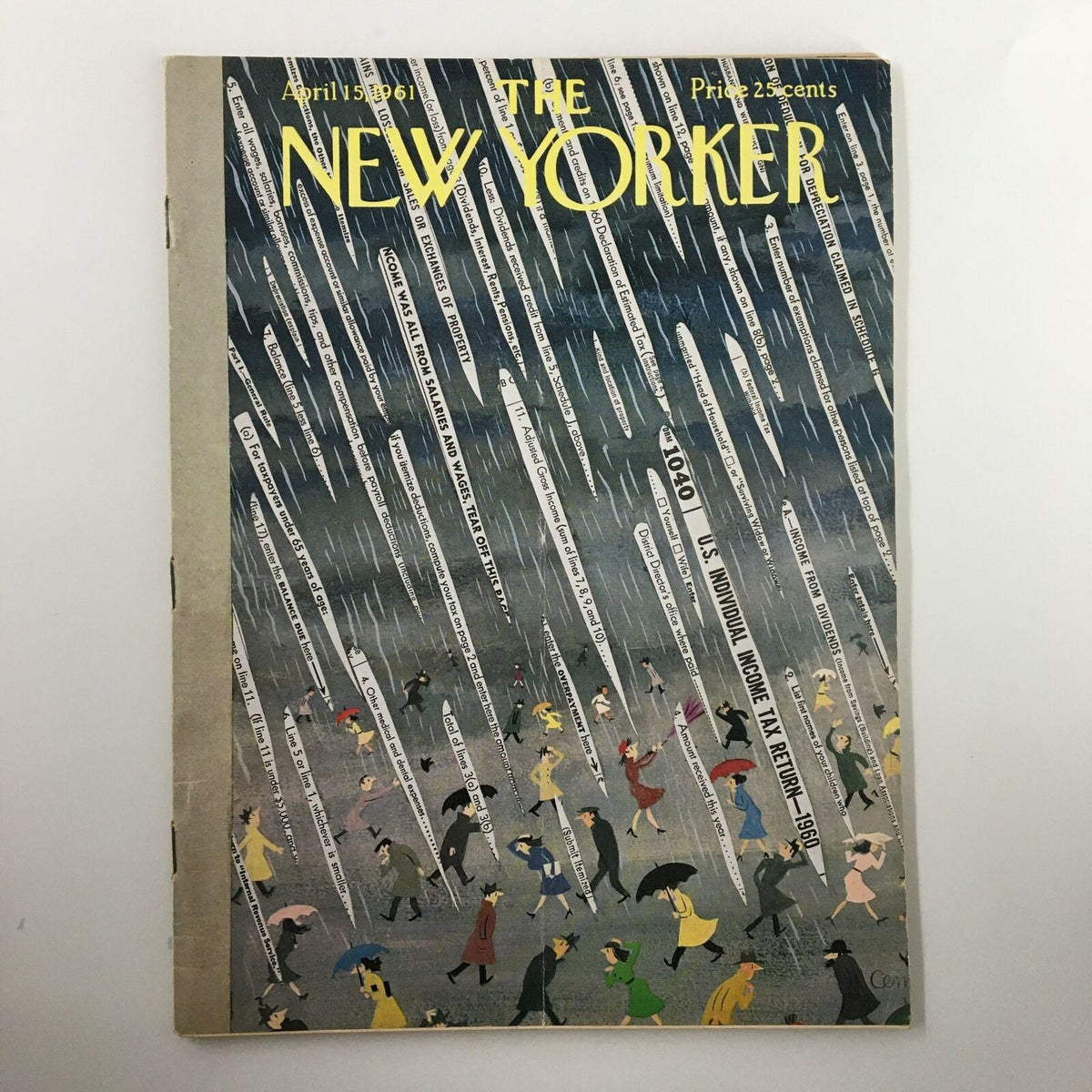 Cover of The New Yorker Full Magazine April 15, 1961 featuring whimsical illustration related to income tax return.