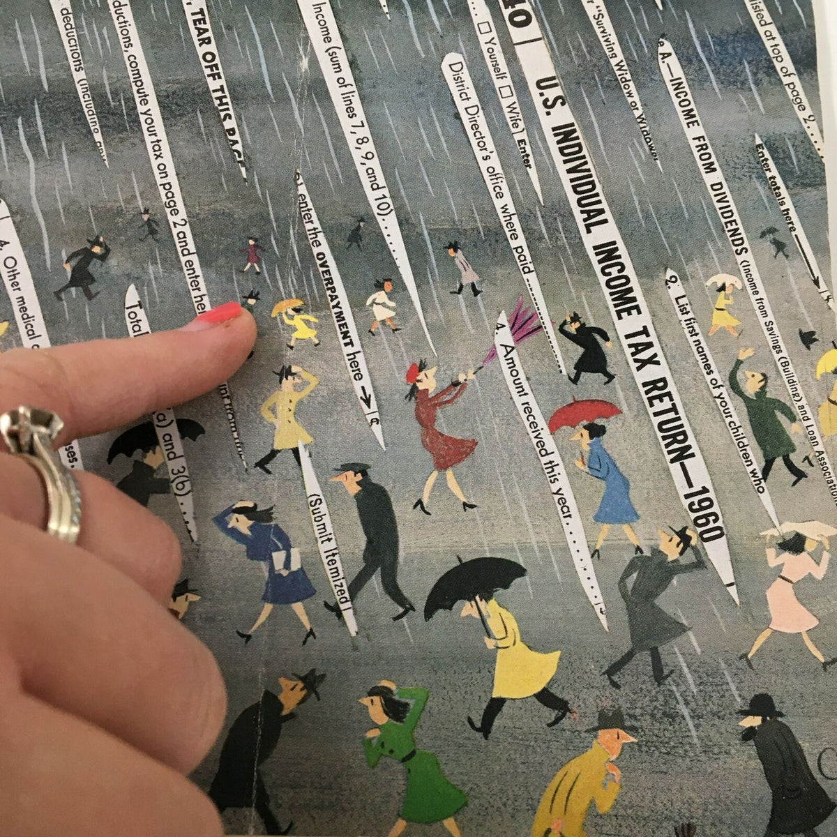 Close-up of The New Yorker Full Magazine April 15, 1961 illustrating tax return details with a character pointing at the page.