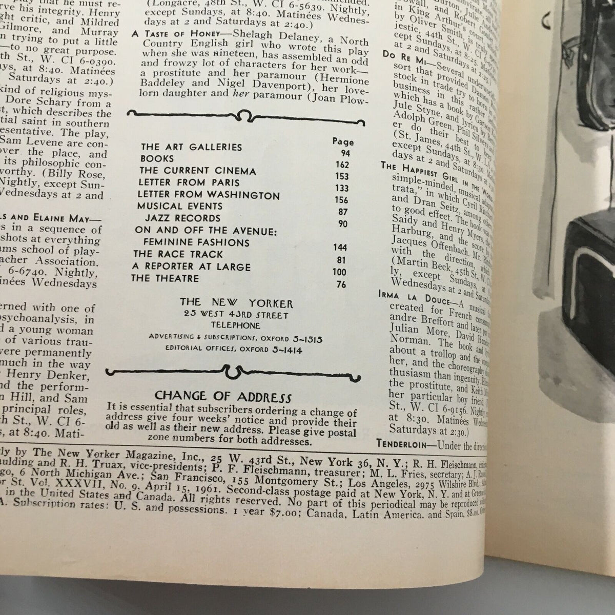 Inside page of The New Yorker Full Magazine April 15, 1961 displaying article listings and advertisements.