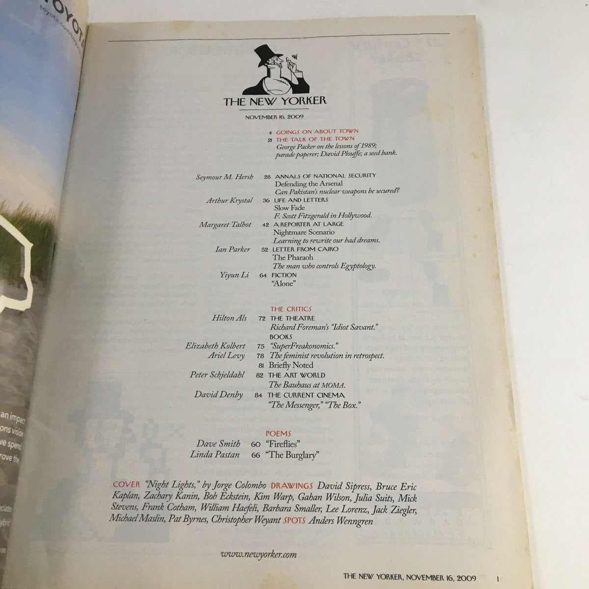 Interior page of The New Yorker November 16 2009 magazine, showcasing the table of contents along with article titles and contributor names.