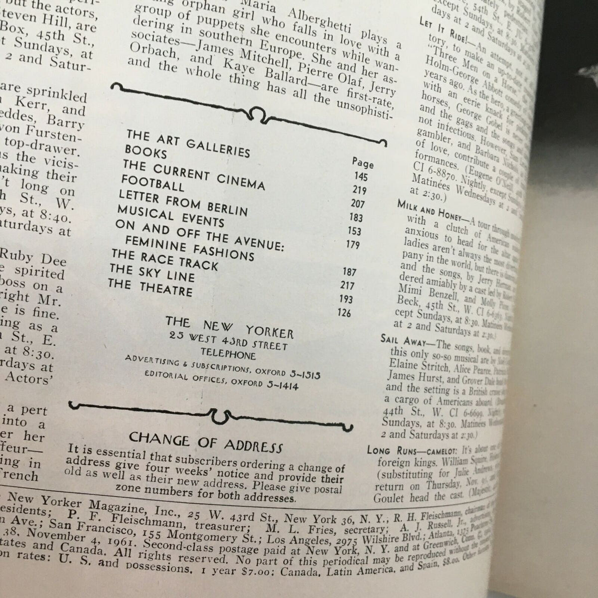 Interior page of The New Yorker Full Magazine November 4 1961, showing table of contents and advertisements, encapsulating the mid-20th century magazine layout.