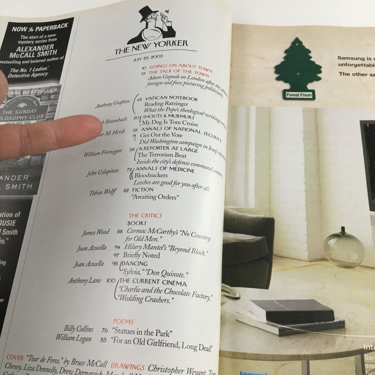 Interior page of The New Yorker Full Magazine July 25, 2005, showcasing article listings and content information, enhancing the literary experience of the edition.