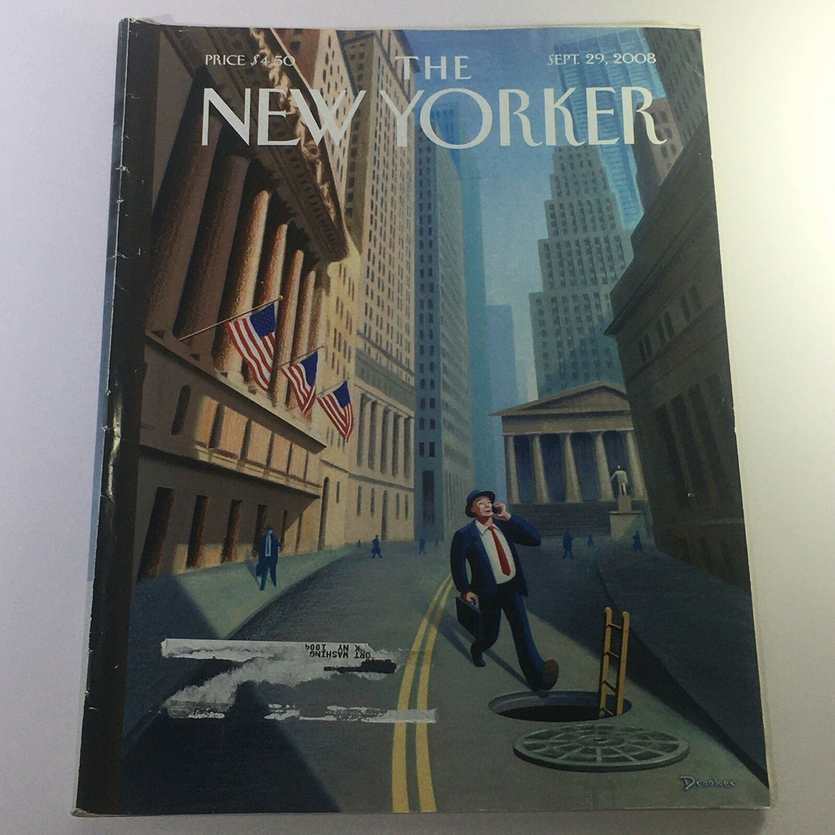 Cover of The New Yorker magazine dated September 29, 2008, featuring artwork by Eric Drooker, showcasing a city scene with American flags, representing cultural themes from that period.