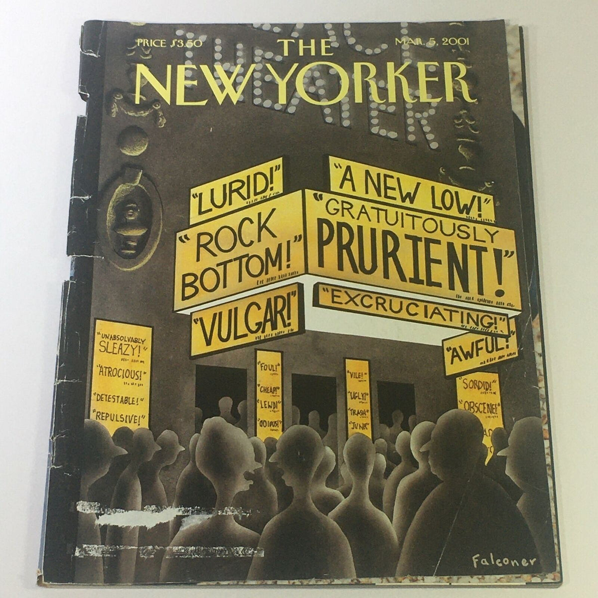 The New Yorker March 5 2001 - Full Magazine Theme Cover Ian Falconer featuring a crowd holding protest signs with phrases like 'Lurid!', 'Rock Bottom!', and 'Awful!' in bold yellow lettering.
