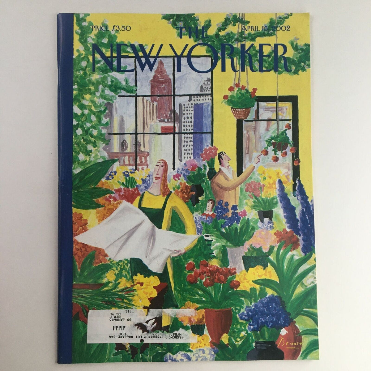 The New Yorker Full Magazine April 15 2002 Garden Apartment cover illustration by Benoit van Innis, featuring vibrant colors and floral elements.