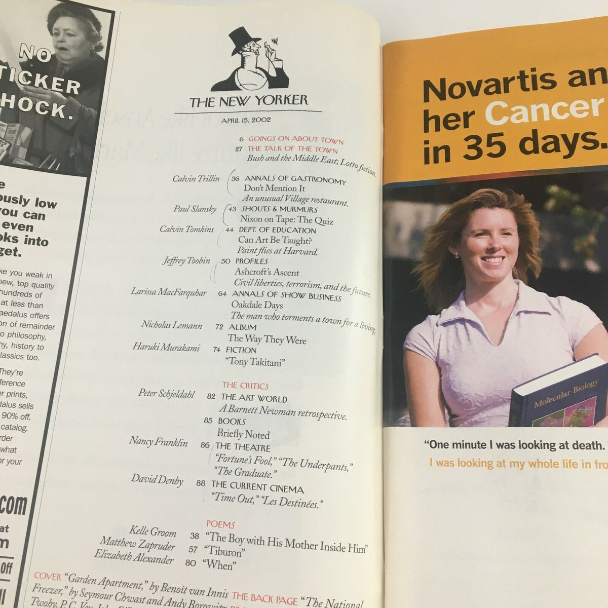Interior page of The New Yorker Full Magazine April 15 2002 showcasing the masthead and table of contents, highlighting articles and contributors.