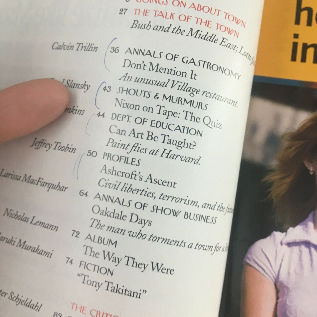 Close-up of a page from The New Yorker Full Magazine April 15 2002 featuring article titles and sections, including 'Annals of Gastronomy' and 'Profiles'.