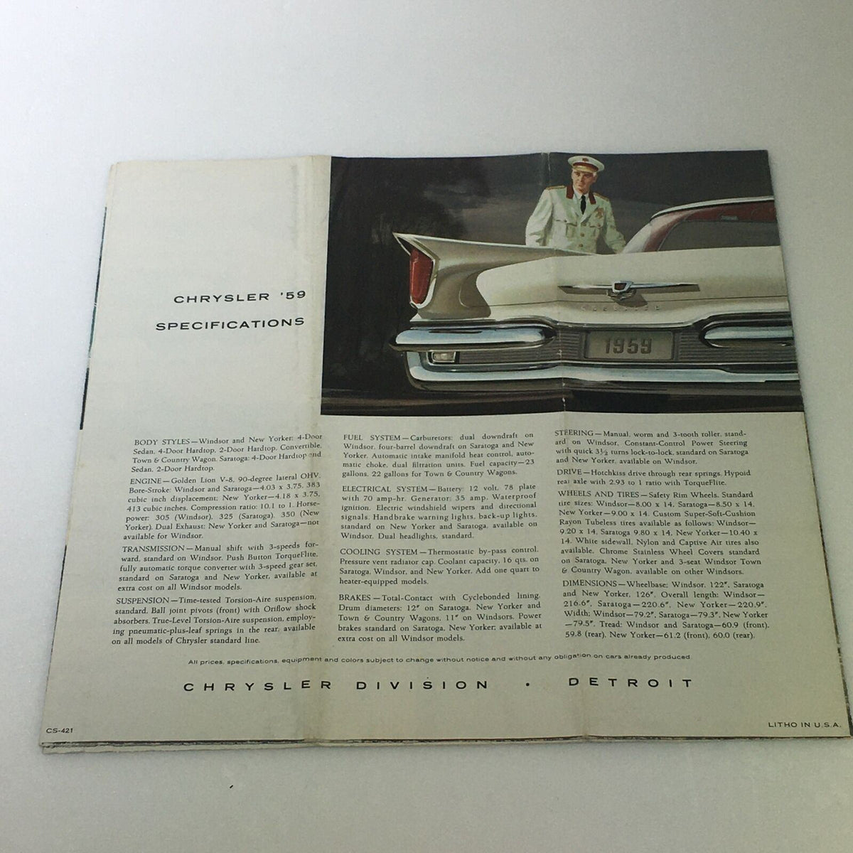 Specifications page from the VTG 1959 Chrysler Windsor New Yorker Sedan Hardtop Car Auto Brochure Catalog, detailing key features and system descriptions.