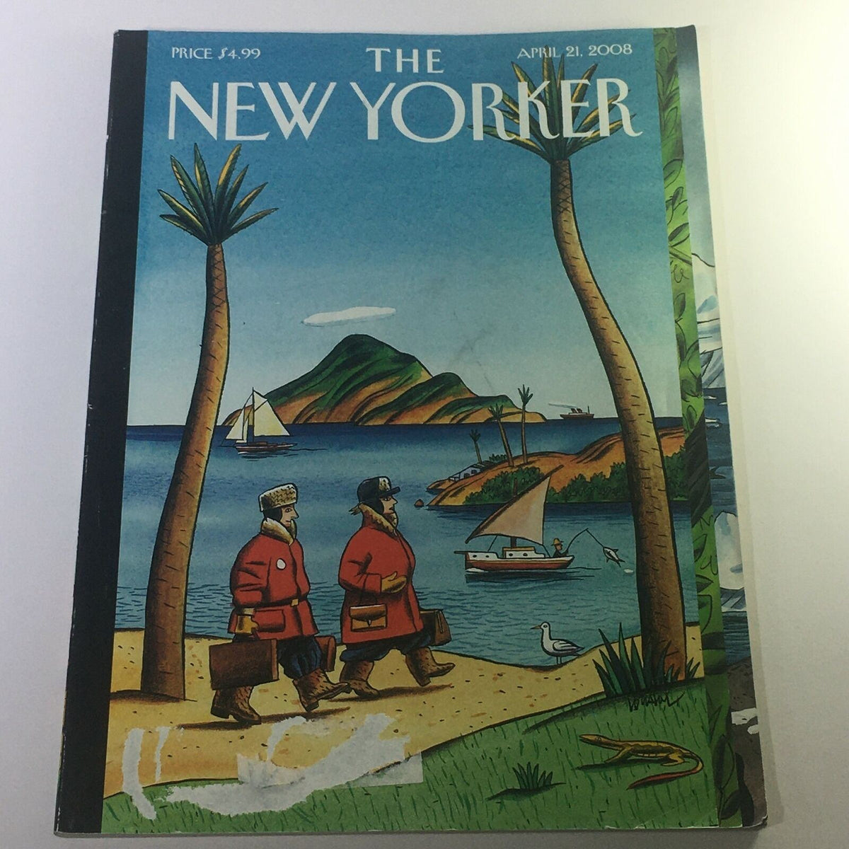 Cover of The New Yorker April 21 2008 featuring artwork by Jacques de Loustal, depicting two men walking by the sea with boats and a scenic landscape.