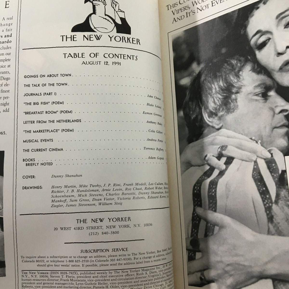 Table of Contents of The New Yorker Full Magazine August 12, 1991, featuring articles and poems, including cover art by Danny Shanahan.