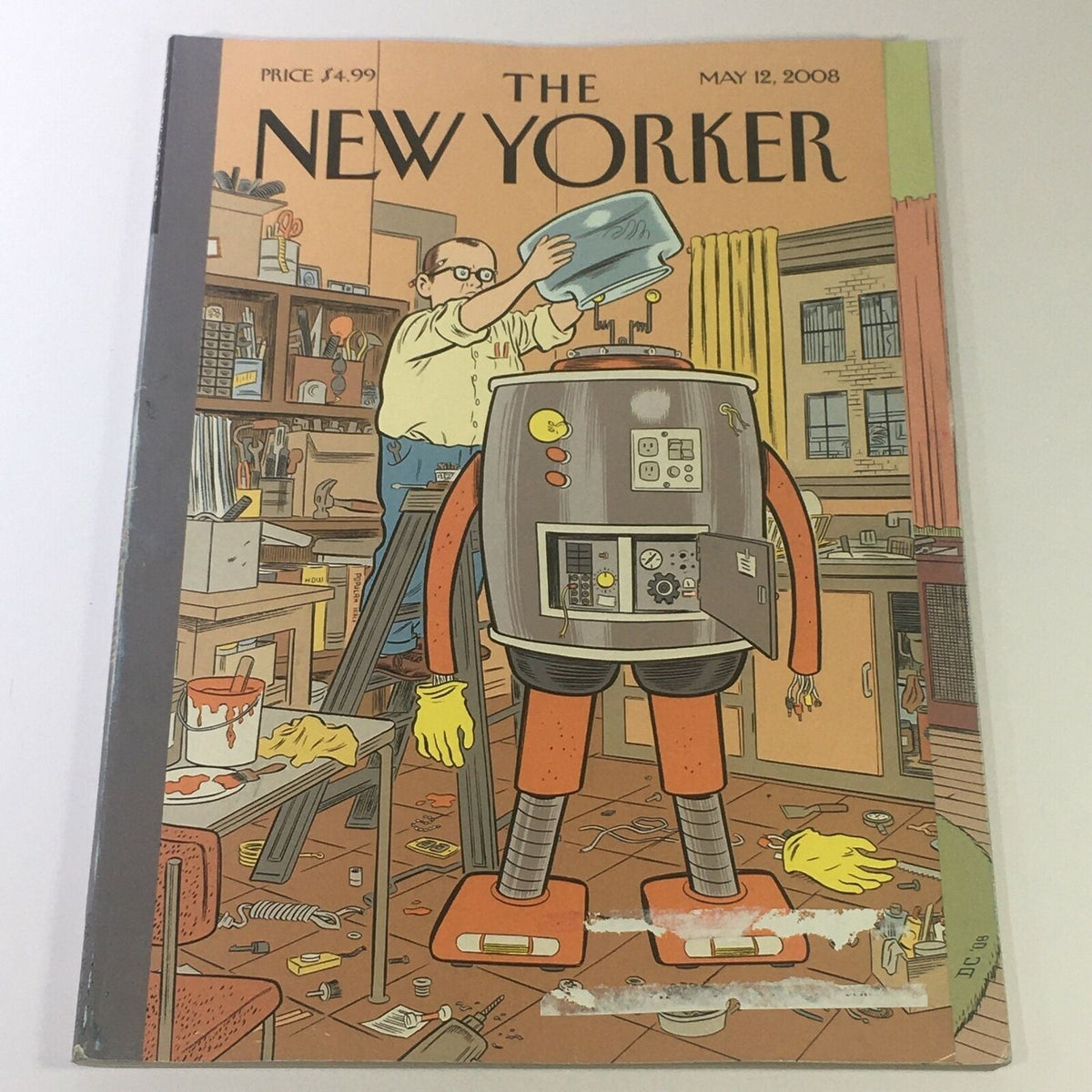 The New Yorker May 12 2008 cover featuring a whimsical illustration by Dan Clowes, depicting a cluttered room with a person pouring paint over a robot.