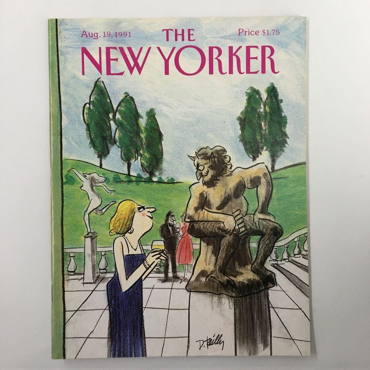 Cover of The New Yorker magazine dated August 19, 1991, featuring the artwork titled 'Visitor' by Donald Reilly, depicting a woman in a blue dress observing a statue in a park setting.
