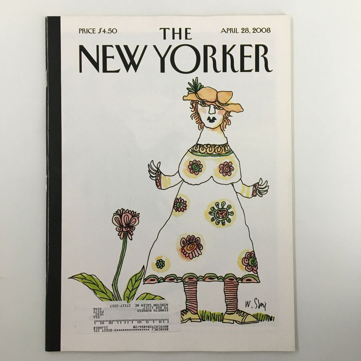 The New Yorker Full Magazine April 28 2008 cover featuring 'Vernal Bliss' illustration by William Steig, showcasing a whimsical character in a decorated dress with a flower.