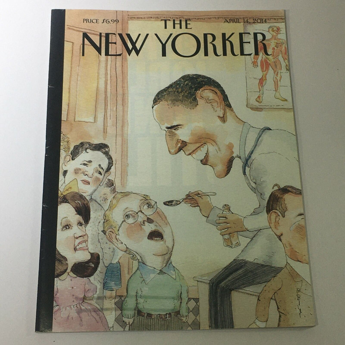 The New Yorker April 14 2014 magazine cover illustrated by Barry Blitt, featuring a whimsical depiction of Barack Obama, surrounded by intrigued characters, reflecting political satire and contemporary art.