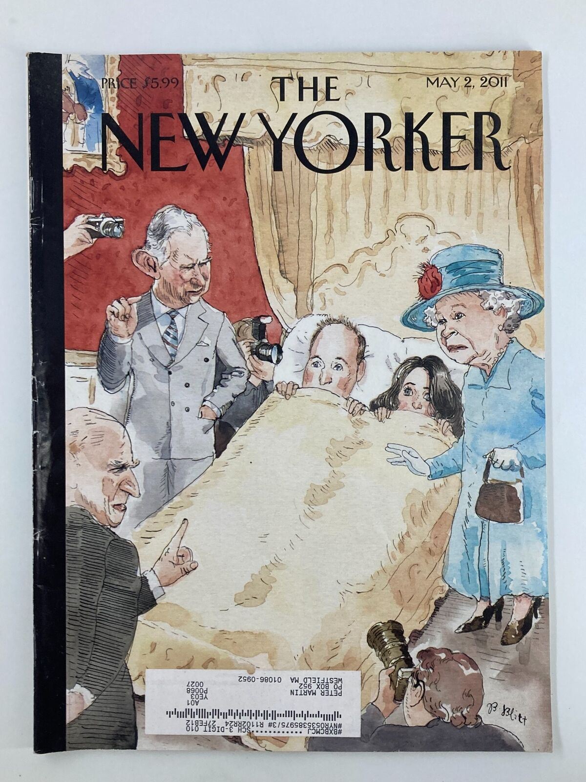 The New Yorker Magazine May 2 2011 featuring the cover art 'Queen Elizabeth in Entourage' by Barry Blitt, showcasing a humorous illustration with British royal figures.