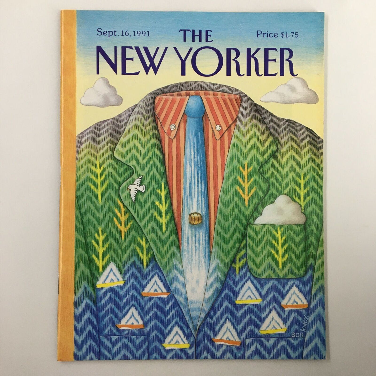 The New Yorker magazine cover from September 16, 1991, featuring a creative illustration of a suit adorned with trees and boats, highlighting the theme 'Suit and Falls' by Bob Knox.