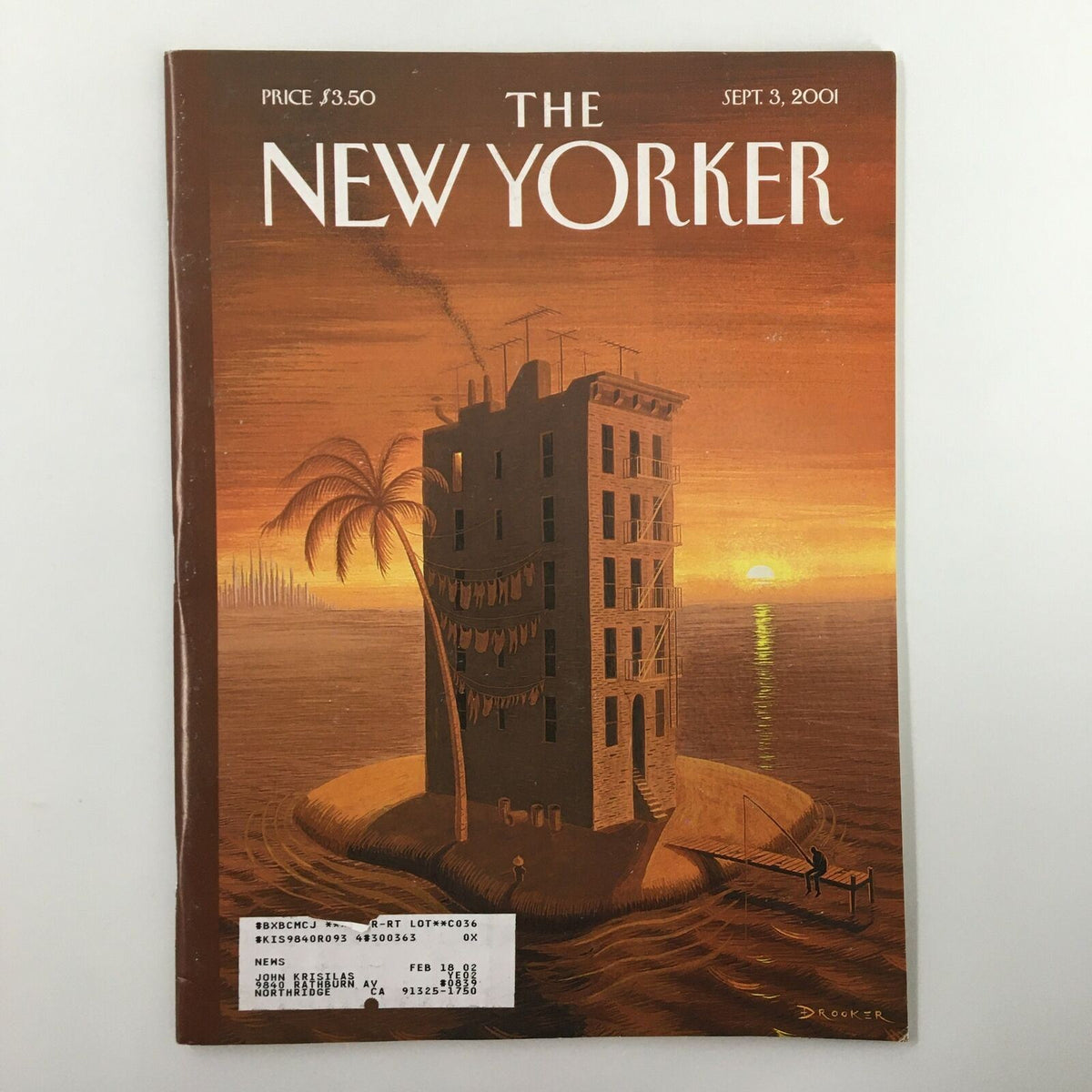 The New Yorker Full Magazine September 3 2001 featuring Tenement Island by Eric Drooker, showcasing a stunning cover illustration of a building on an island at sunset.
