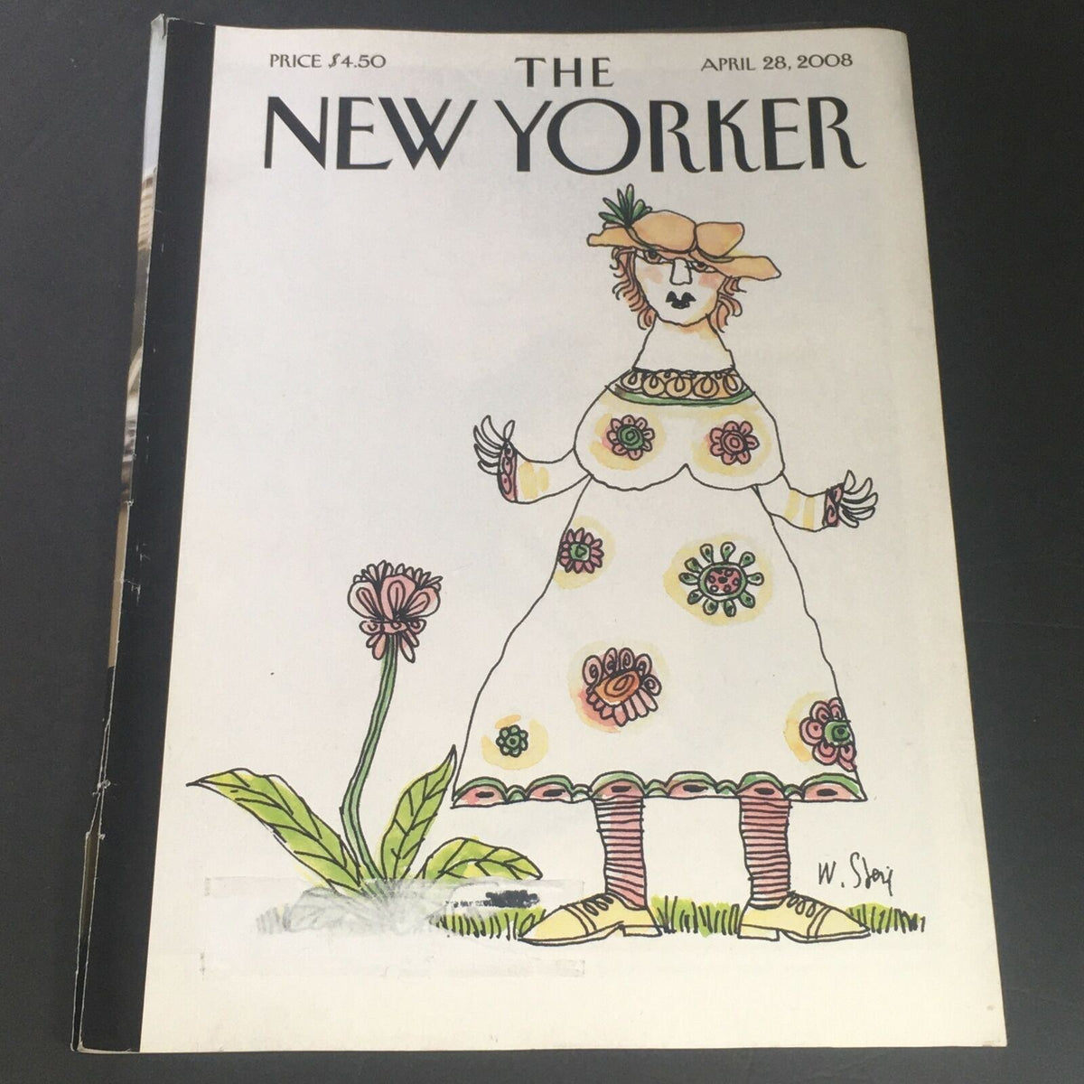 The New Yorker April 28 2008 full magazine cover featuring whimsical artwork by William Steig, depicting a character in a flower-adorned dress standing in a garden.