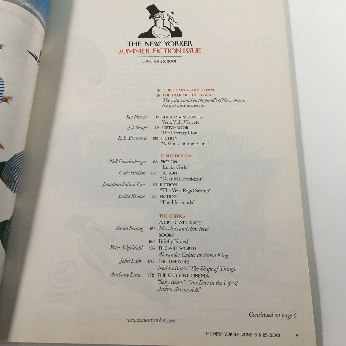 The inside page of The New Yorker Full Magazine June 18 2001, showcasing the Summer Fiction Issue with a list of authors and their contributions, illustrating the magazine's engagement with contemporary literature.