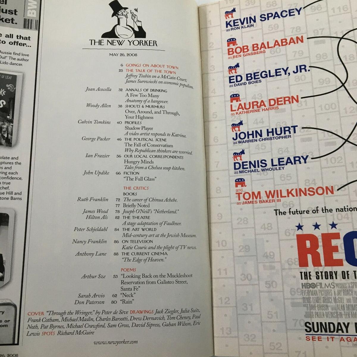 Inside page of The New Yorker magazine, May 26, 2008, listing contributors and articles, including notable names like Kevin Spacey and Laura Dern.