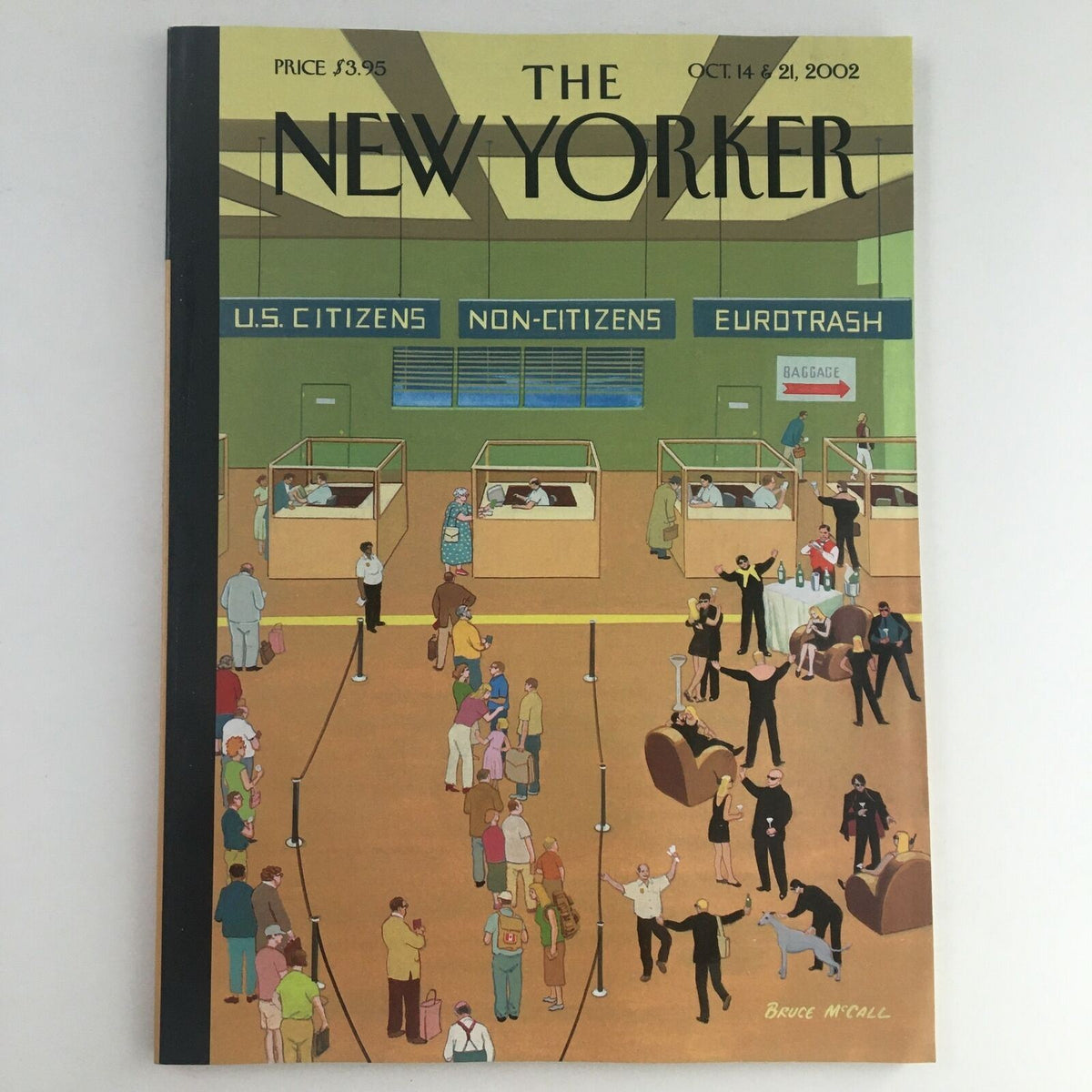 The New Yorker Full Magazine October 14 2002 cover featuring a politically themed illustration titled 'The Bush Manifesto' by Bruce McCall, showcasing citizens and non-citizens in a crowded airport setting.