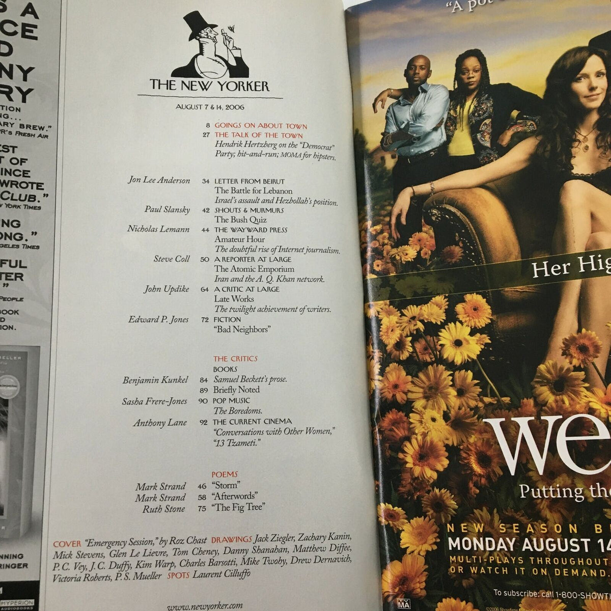 Interior page of The New Yorker Full Magazine August 7 & 14 2006, showcasing table of contents with articles and contributors, including a section highlighted for 'HER HIGHNESS'.